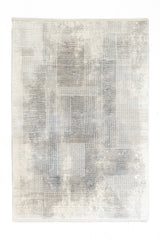 Vista superior completa de alfombra contemporánea con diseño de bloques lineales en tonos neutros.