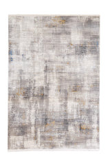 Vista superior de alfombra contemporánea en tonos grises con detalles en dorado y azul.