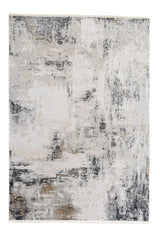 Alfombra contemporánea en tonos beige, gris y negro con diseño abstracto tipo pinceladas.