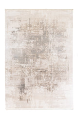 Vista frontal de una alfombra contemporánea en tonos neutros, con diseño abstracto de efecto texturizado en beige, gris y matices arena.