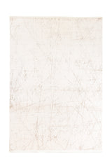 Vista completa de una alfombra contemporánea en tono marfil con líneas abstractas en marrón claro que forman un patrón de trazos cruzados.
