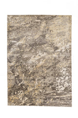 Vista superior completa de una alfombra contemporánea con diseño abstracto en tonos grisáceos y beige