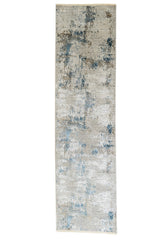 Vista completa de alfombra contemporánea rectangular con diseño abstracto en tonos azul, beige y gris claro