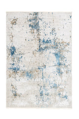 Alfombra contemporánea con patrón abstracto en azul grisáceo y beige sobre fondo claro.