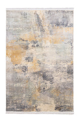Alfombra contemporánea con diseño abstracto en tonos dorados, grises sobre fondo claro.