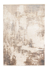 Vista completa de alfombra contemporánea con diseño abstracto en tonos crema, beige y marrón claro.