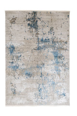 Vista superior completa de alfombra contemporánea con base beige y detalles en azul y marrón.