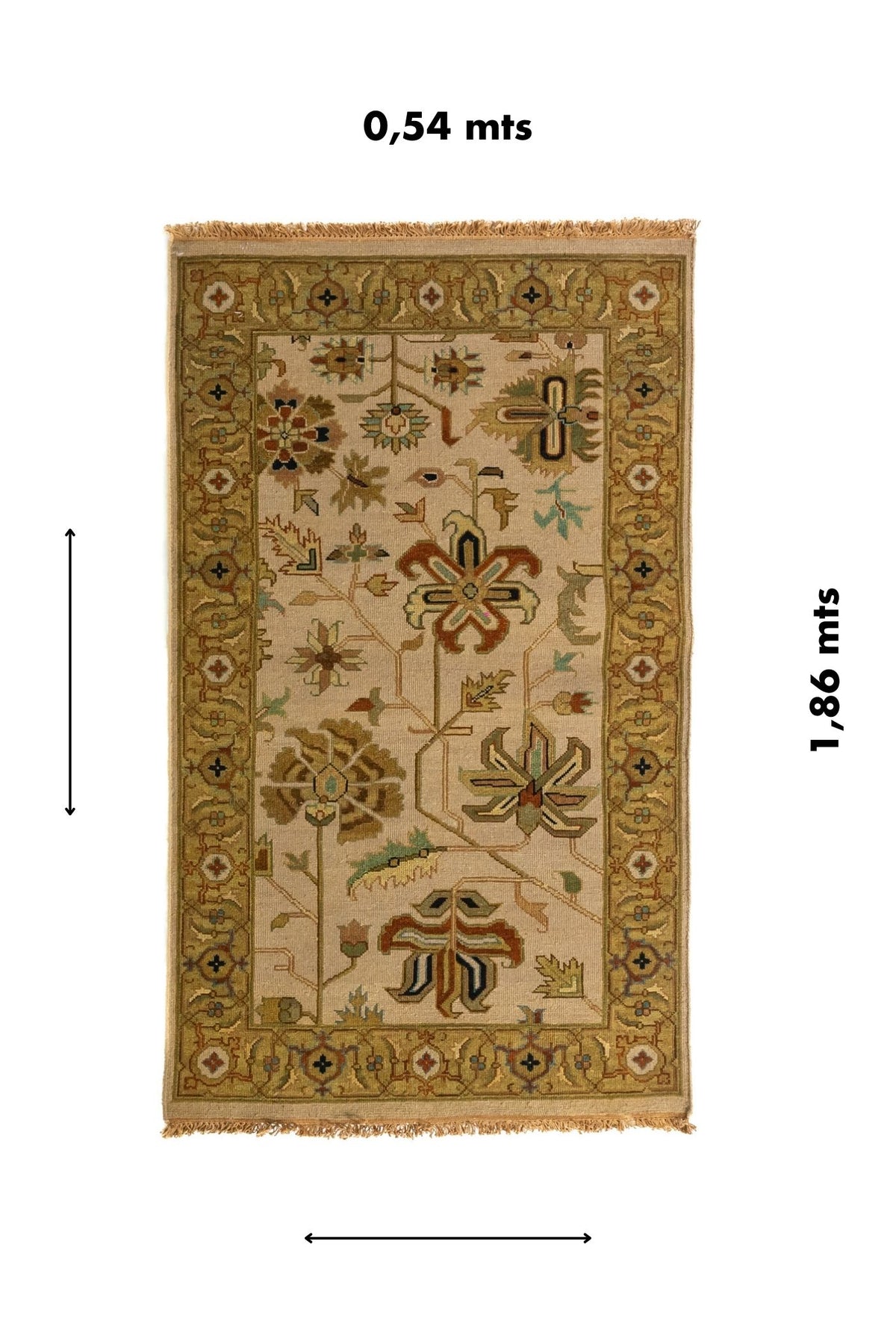 Alfombra decorativa de 0.54 x 1.86 metros en tonos beige y verde con diseño central floral y guarda clásica simétrica