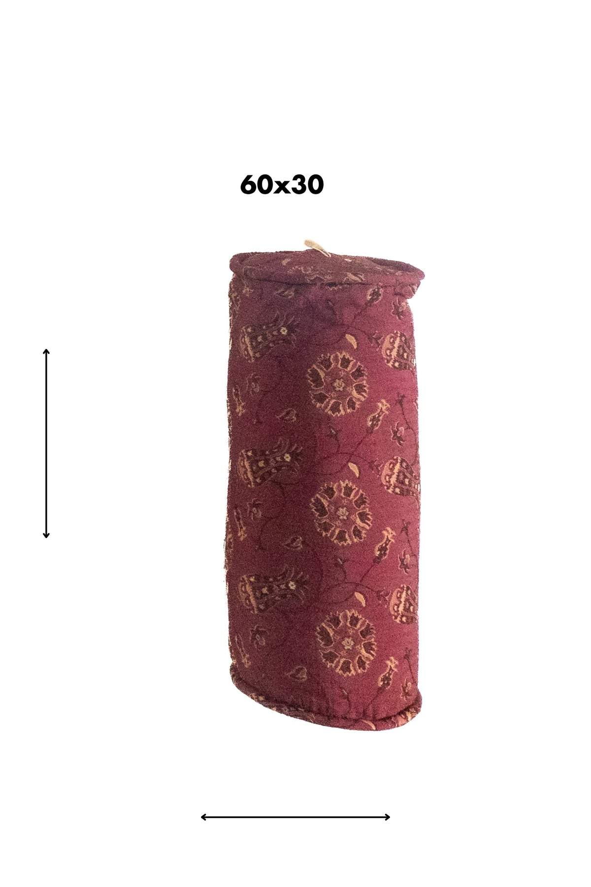 Almohadón cilíndrico tipo caramelo bordó con diseño floral y medida 60 x 30 cm 