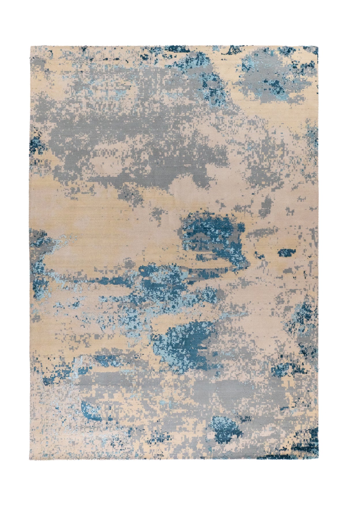 Alfombra Cosmic Blue rectangular con diseño abstracto pixelado en beige, celeste y gris