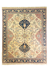 Alfombra Persa Keshan beige y azul de 3.00 x 2.50 mts, vista completa vertical con composición floral; se observan motivos florales, arabescos y medallones de contraste