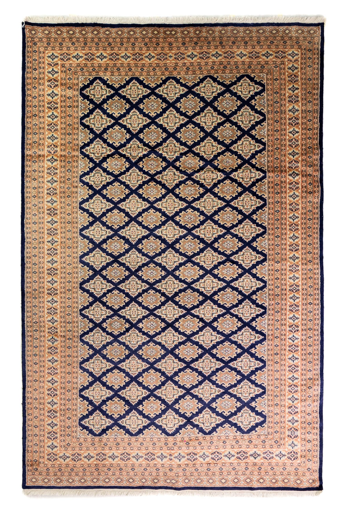 Alfombra Persa Yamouth azul de 1.85 x 2.85 mts, vista completa vertical con retícula azul sobre campo beige; se observan retícula de rombos azules sobre campo claro