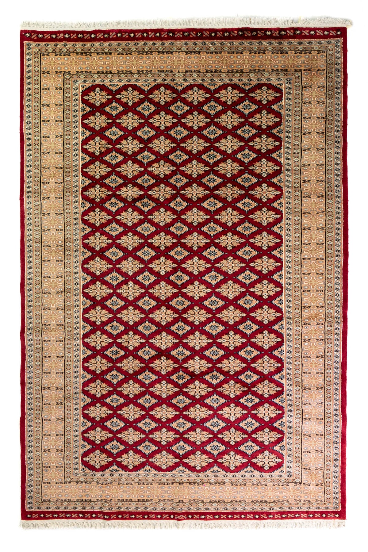 Alfombra Persa Yamouth rojo de 1.83 x 2.87 mts, vista completa vertical con retícula roja y bordó; se observan retícula geométrica sobre campo intenso y guarda clara