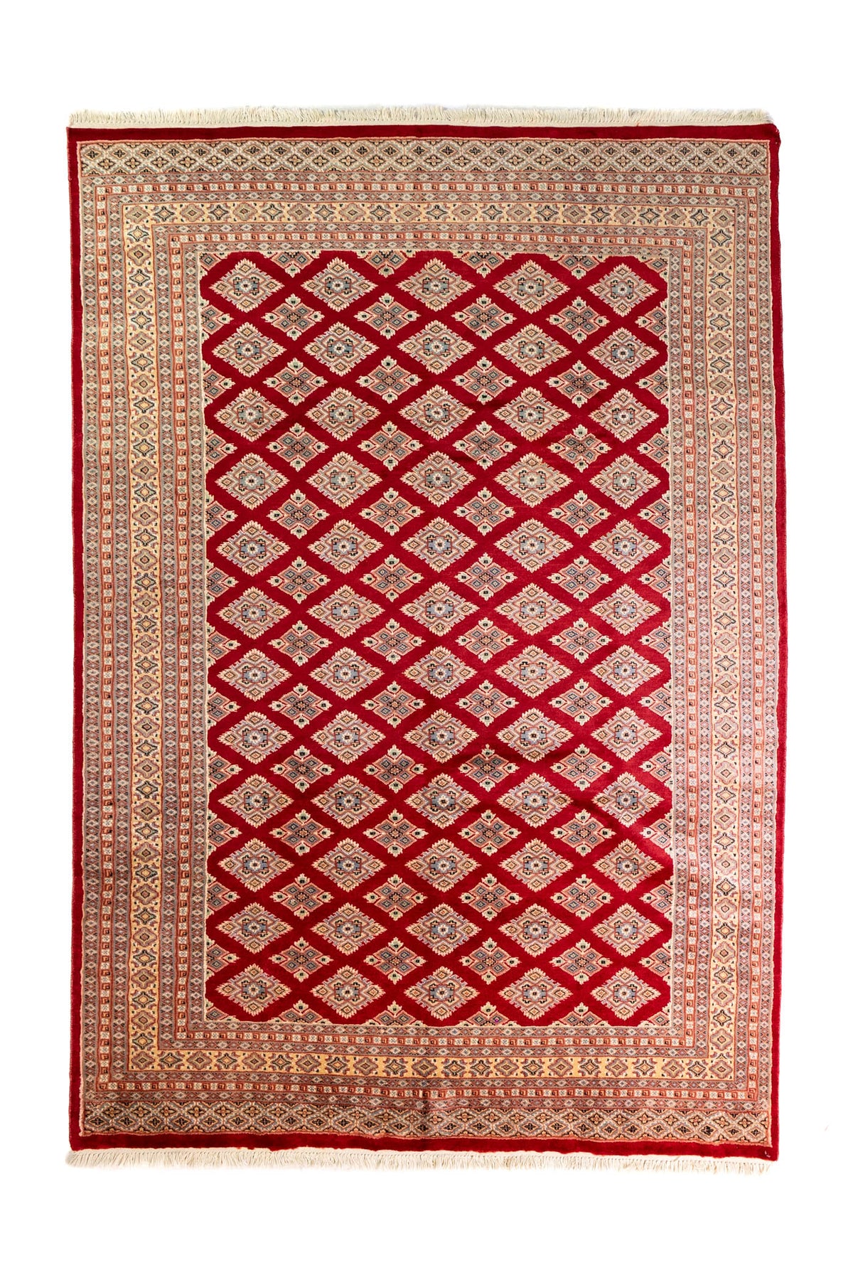 Alfombra Persa Yamouth rojo de 1.75 x 2.52 mts, vista completa vertical con patrón geométrico rojo; se observan patrón geométrico de motivos repetidos y bordes contrastantes