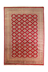 Alfombra Persa Yamouth rojo de 1.75 x 2.52 mts, vista completa vertical con patrón geométrico rojo; se observan patrón geométrico de motivos repetidos y bordes contrastantes