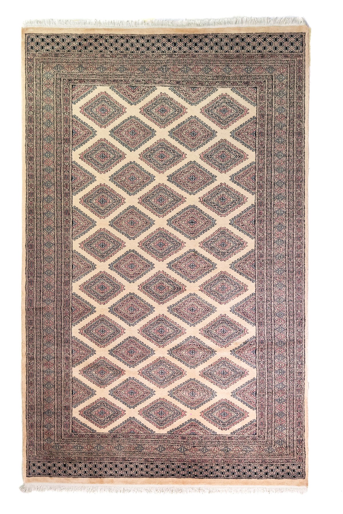 Alfombra Persa Yamouth marrón y beige de 1.60 x 2.54 mts, vista completa vertical con retícula clara sobre fondo marrón; se observan retícula geométrica clara sobre campo oscuro