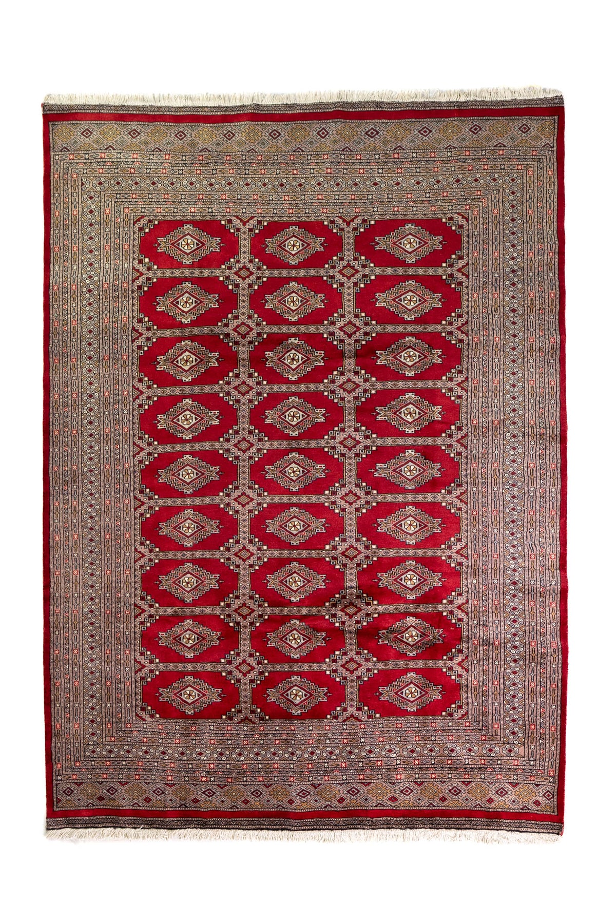 Alfombra Persa Yamouth rojo de 1.58 x 2.36 mts, vista completa vertical con medallones rojos; se observan medallones ovalados destacados y guardas rojizas