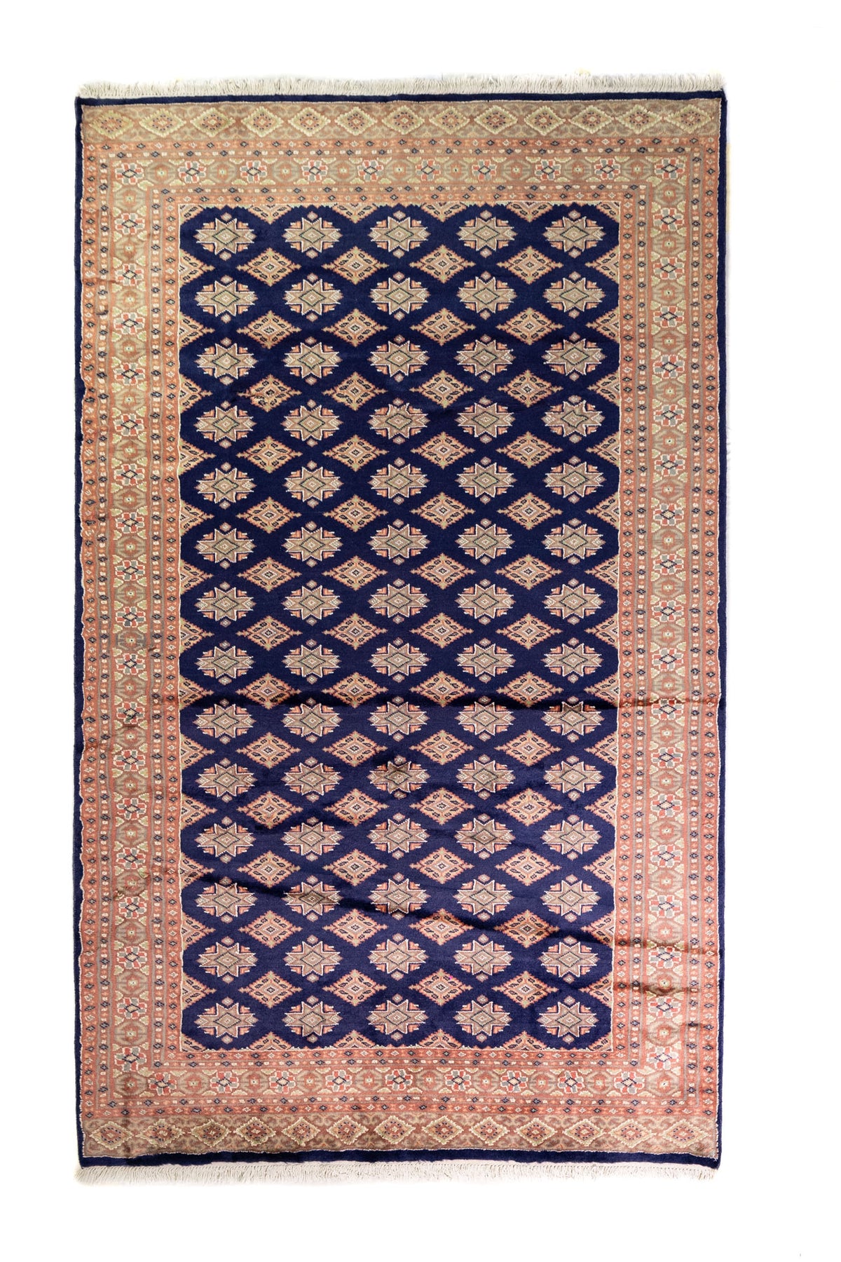 Alfombra Persa Yamouth azul de 1.55 x 2.54 mts, vista completa vertical con retícula azul sobre campo beige; se observan retícula geométrica azul sobre campo claro