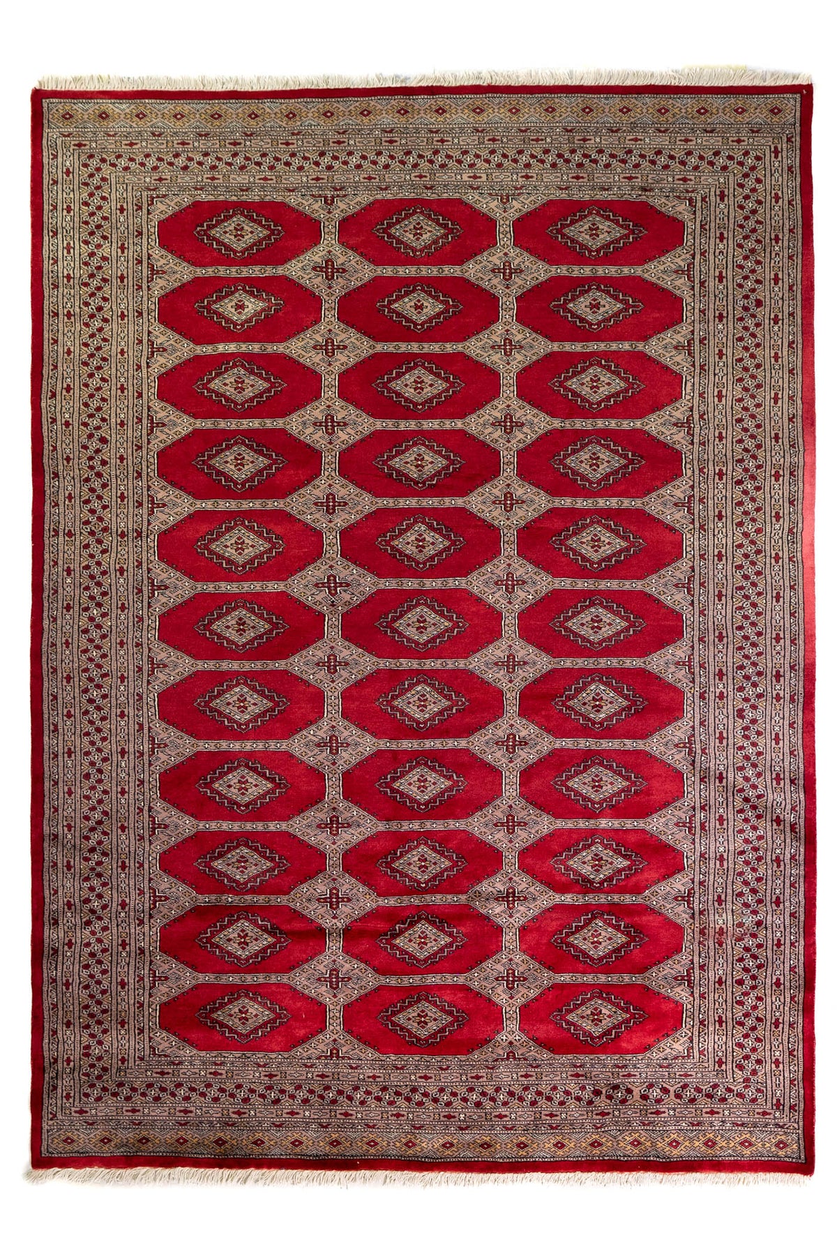 Alfombra Persa Yamouth rojo de 1.70 x 2.37 mts, vista completa vertical con medallones rojos; se observan medallones ovalados repetidos y guardas contrastantes