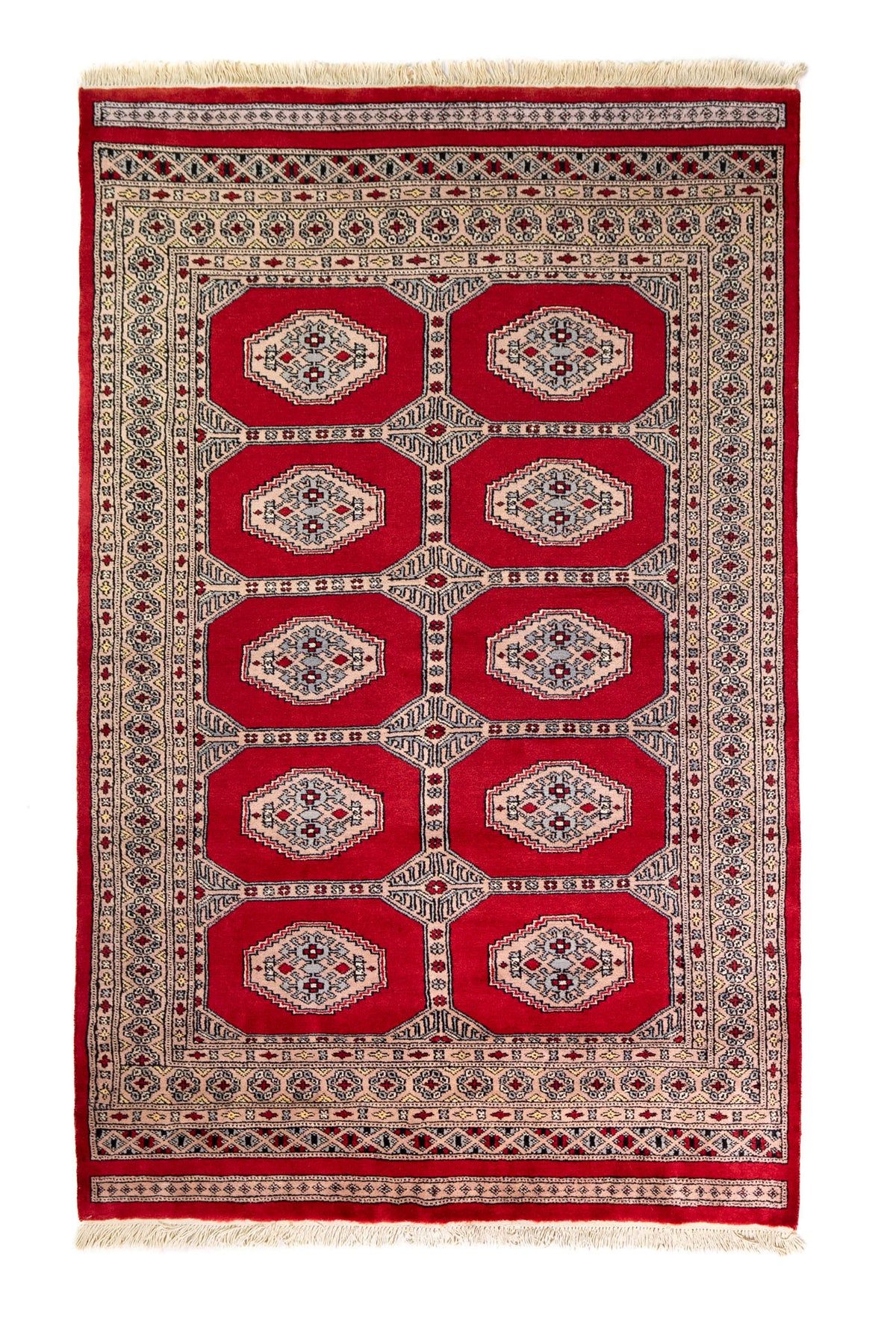 Alfombra Persa Yamouth rojo de 1.25 x 1.90 mts, vista completa vertical; el diseño muestra dos columnas de medallones claros sobre un campo rojo y un borde geométrico oscuro