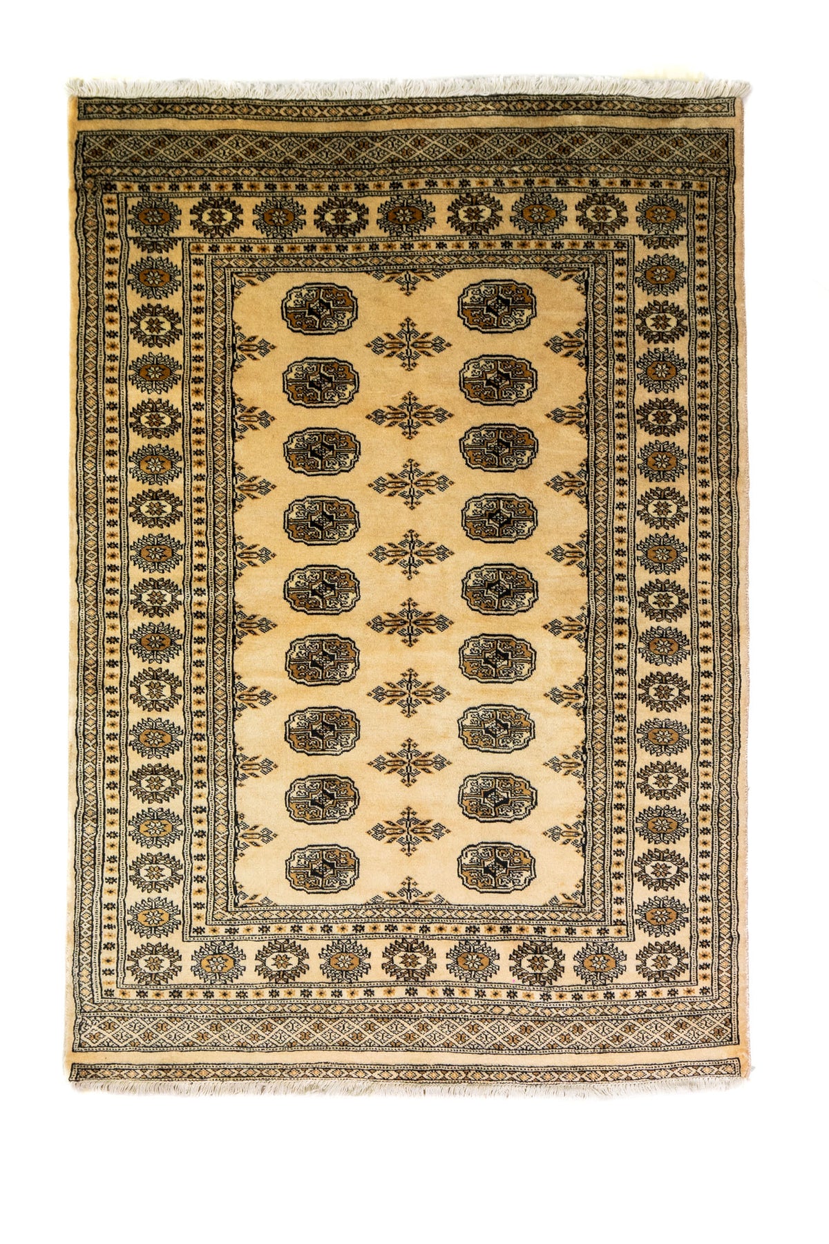 Alfombra Persa Bukara Yamouth beige de 1.24 x 1.93 mts, vista completa vertical; el diseño muestra medallones ovalados oscuros sobre un campo beige y un marco de guardas geométricas