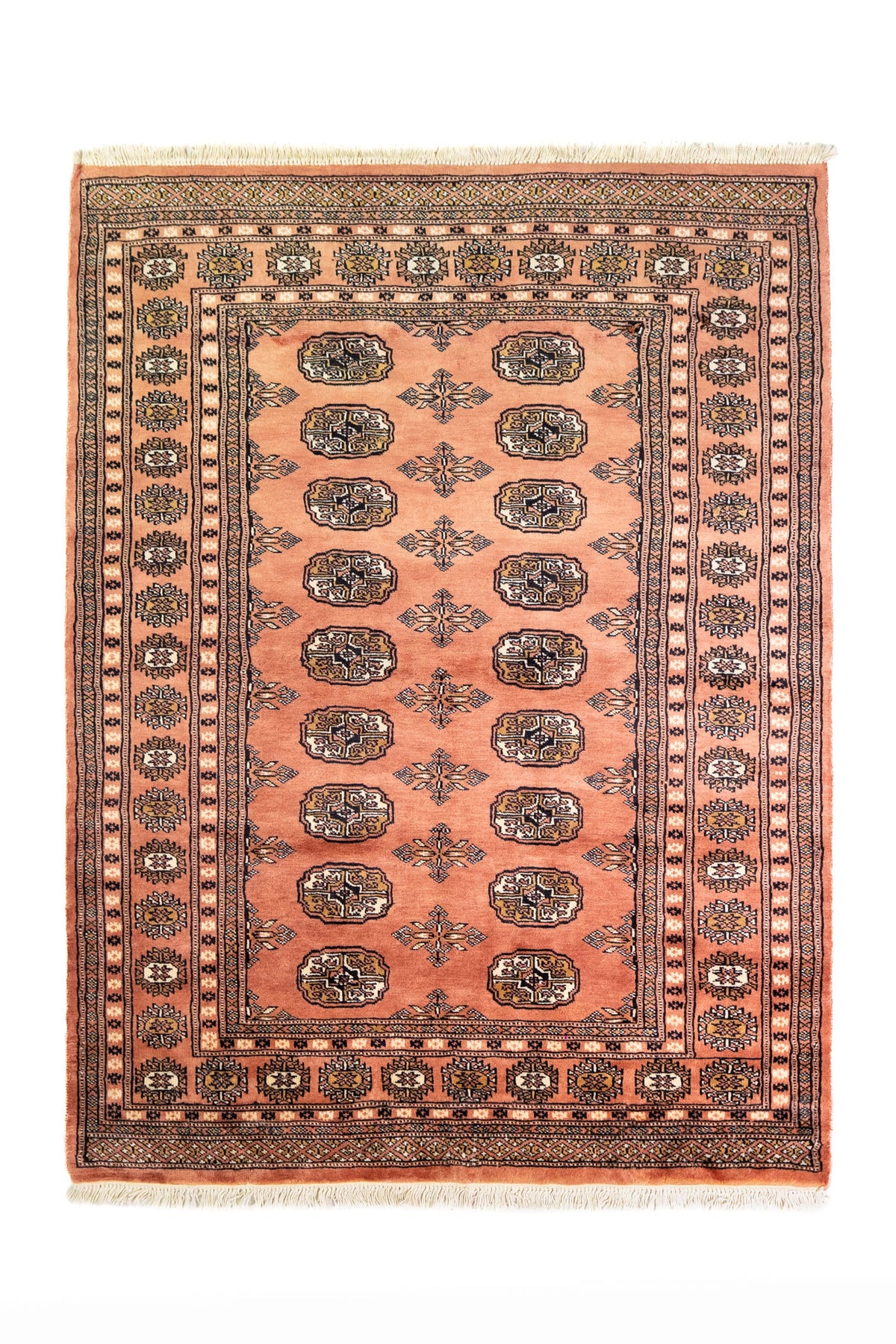 Alfombra Persa Bukara Yamouth rosado de 1.27 x 1.68 mts, vista completa vertical; el diseño muestra medallones ovalados repetidos sobre un campo rosado y un marco geométrico oscuro