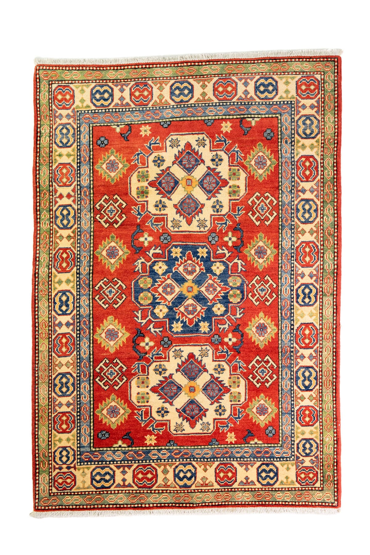 Alfombra Caucasica Kazak ladrillo con detalles multicolor de 1.24 x 1.78 mts, vista completa vertical; el diseño muestra medallones y motivos geométricos de gran contraste distribuidos sobre un campo ladrillo con bordes multicolores