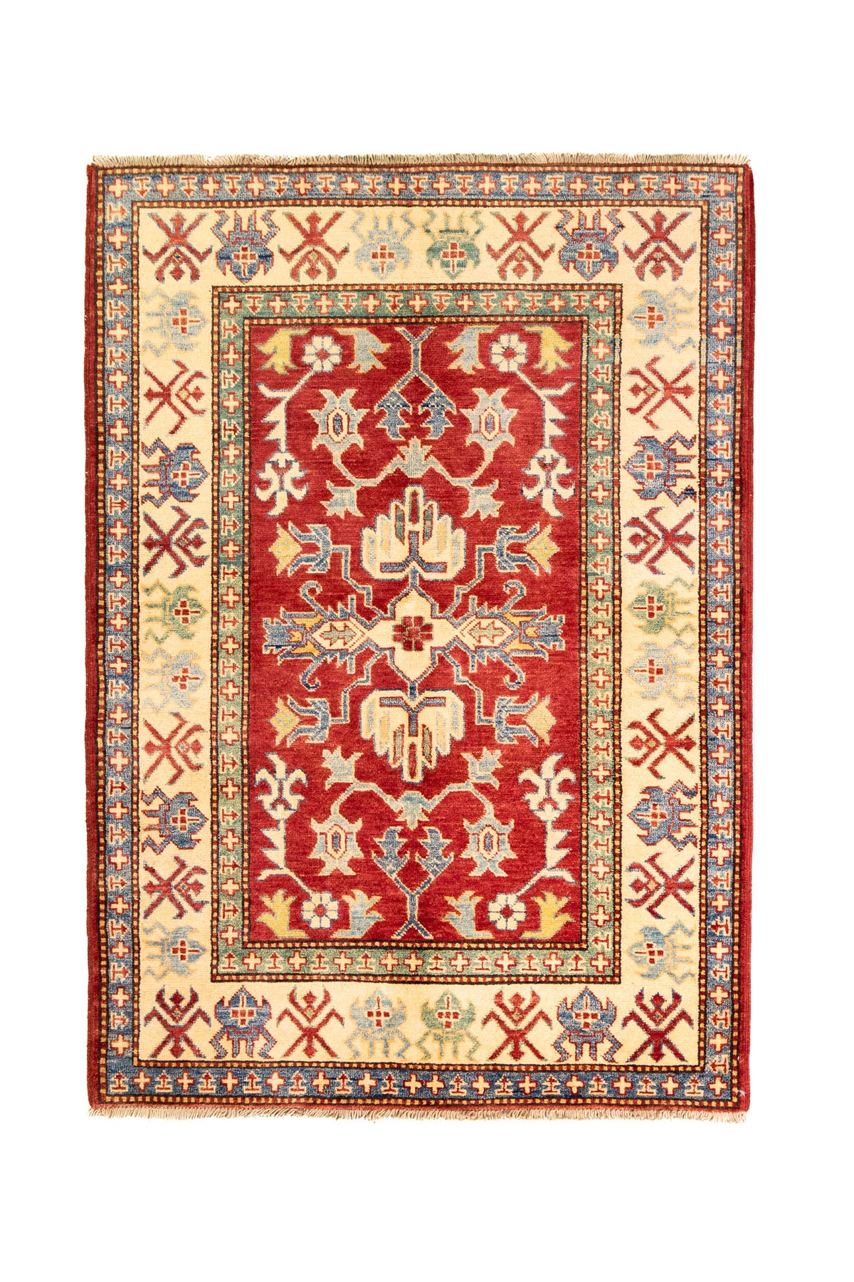 Alfombra Caucasica Kazak rojo con detalles multicolor de 1.17 x 1.63 mts, vista completa vertical; el diseño muestra motivos geométricos estilizados sobre un campo rojo y un marco claro con múltiples acentos