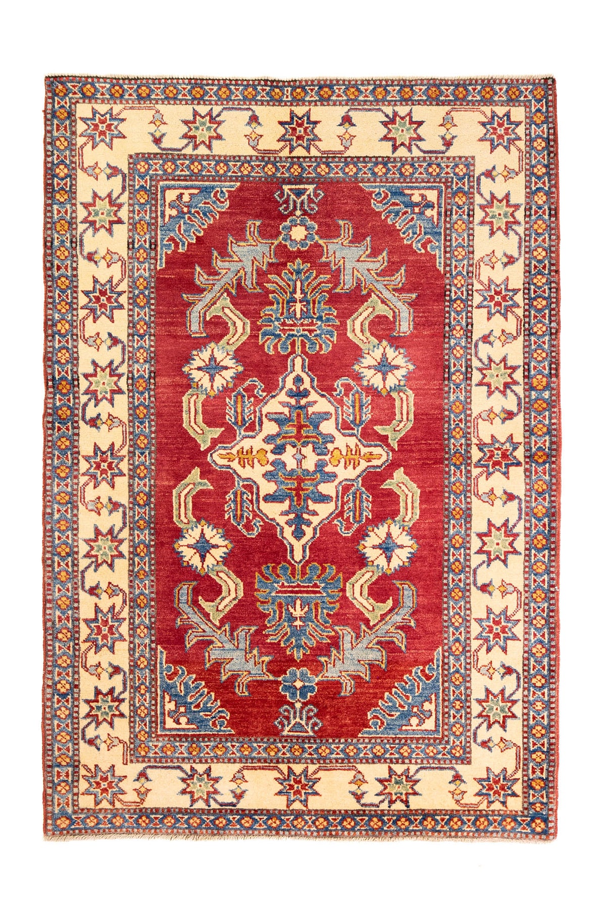 Alfombra Caucasica Kazak bordó y beige de 1.14 x 1.65 mts, vista completa vertical; el diseño muestra un gran motivo central de lectura geométrica sobre un campo bordó y guardas beige