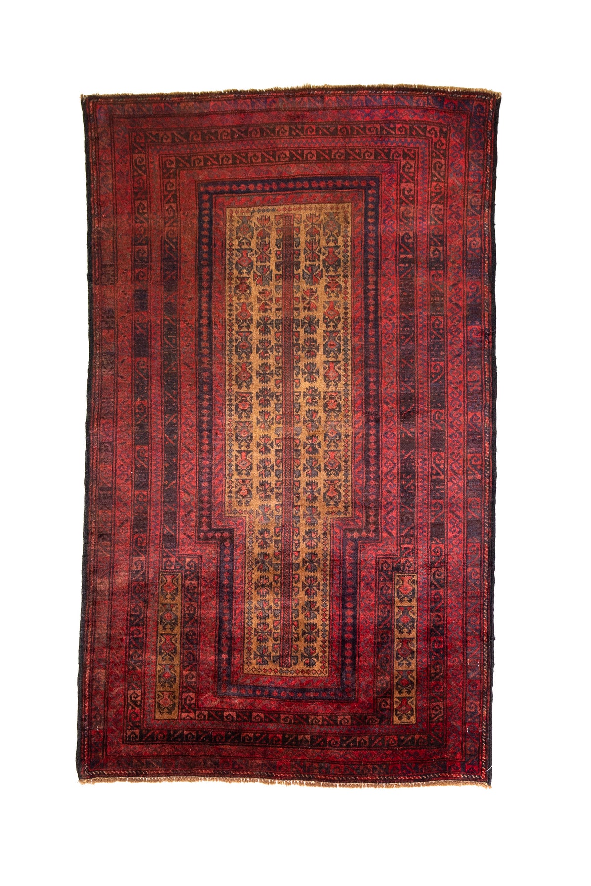 Alfombra Persa Baluchistán Oración rojo y marrón de 0.85 x 1.45 mts, vista completa vertical; el diseño muestra un campo rojo profundo con panel central estrecho y bandas geométricas repetidas de inspiración de oración