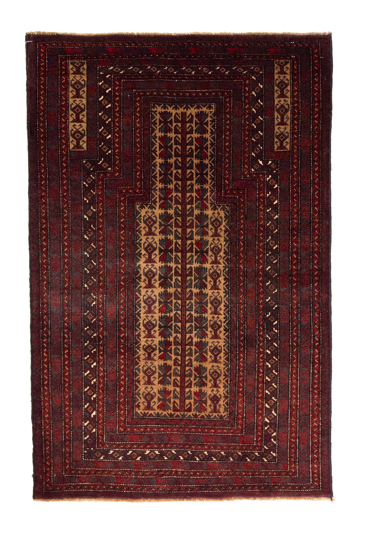 Alfombra Persa Baluchistán Oración bordó y marrón de 0.95 x 1.47 mts, vista completa vertical; el diseño muestra un panel central estrecho sobre un campo bordó con bandas geométricas repetidas de inspiración de oración