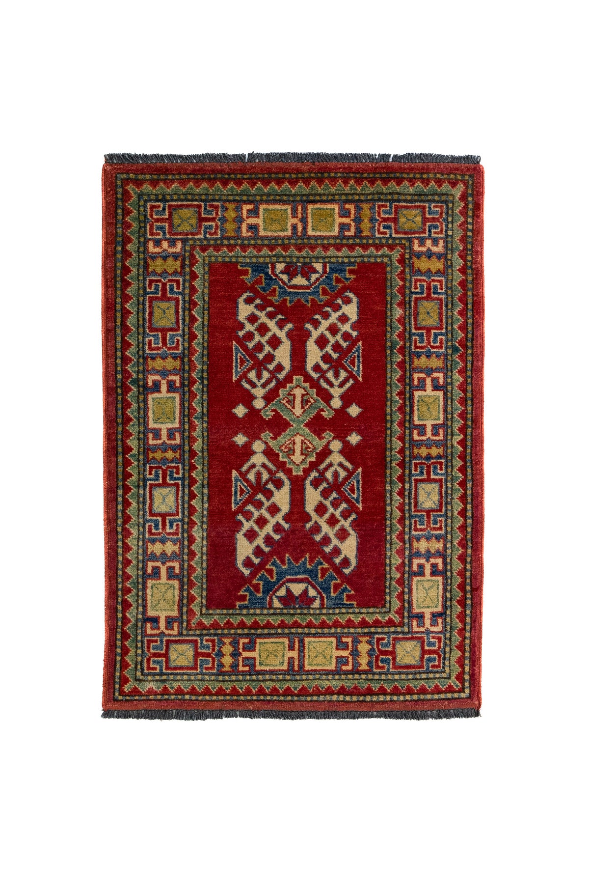 Alfombra Caucasica Kazak ladrillo y Multicolor de 0.70 x 1.00 mts, vista completa de la pieza con medallones angulares y motivos tribales en ladrillo, azul, beige y verde, enmarcados por guardas escalonadas