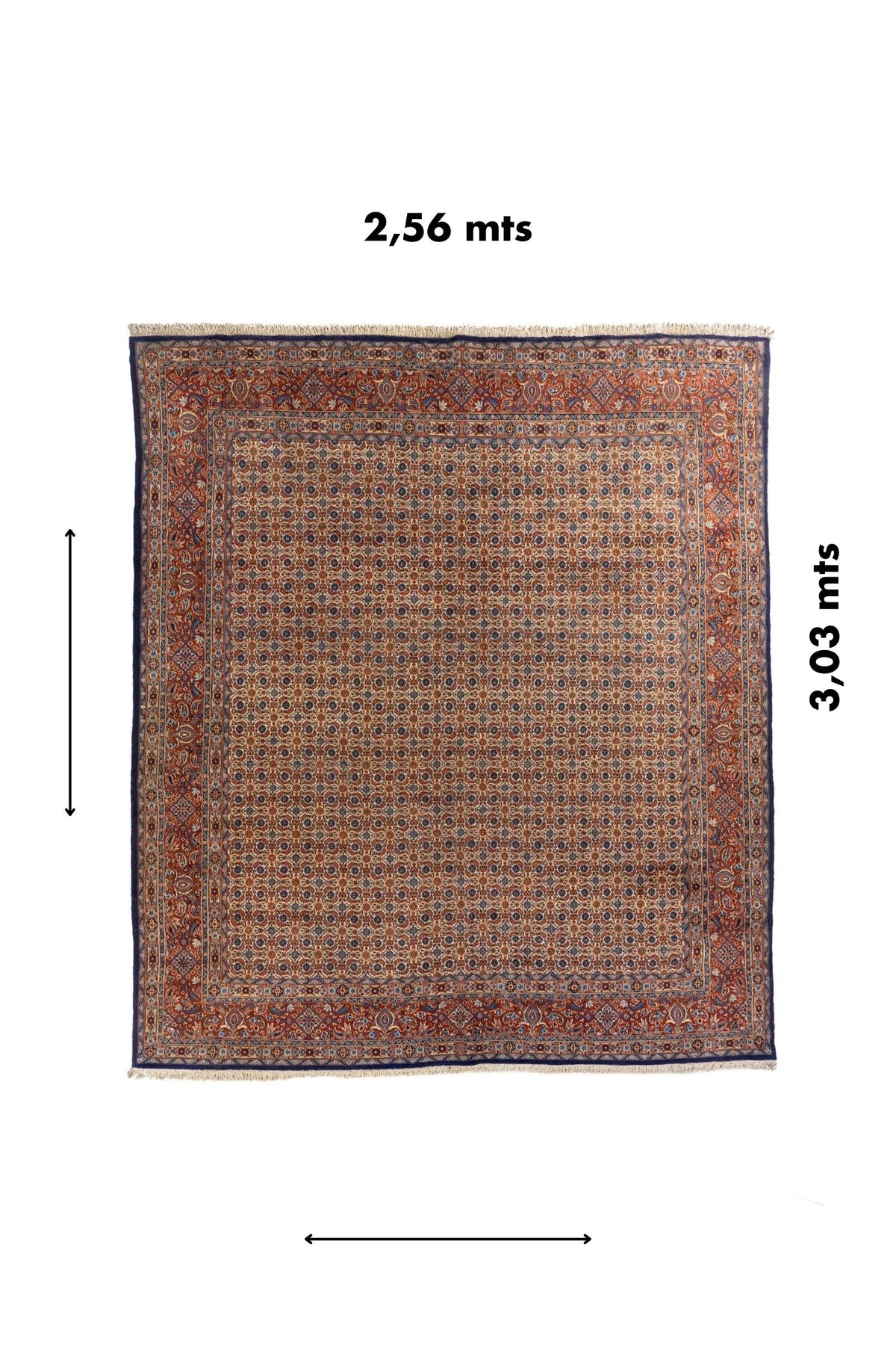 Alfombra rectangular de 2,56 x 3,03 metros con diseño oriental repetitivo en tonos marfil, rojo, azul y celeste.