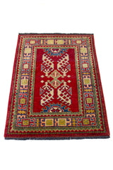 Alfombra Caucasica Kazak ladrillo y Multicolor de 0.70 x 1.00 mts, detalle de guarda, trama visual y terminación de borde