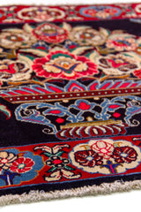 Alfombra Persa Horazan azul y rojo de 0.72 x 1.02 mts, detalle de guarda, trama visual y terminación de borde
