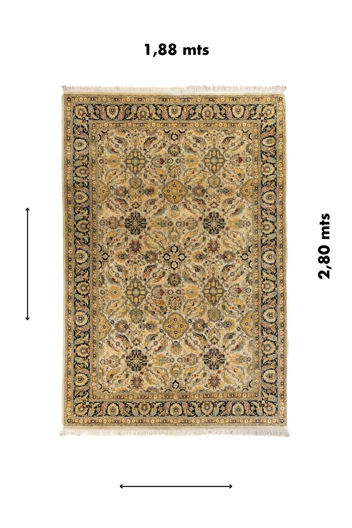Alfombra rectangular de 1,88 x 2,80 metros con diseño floral clásico en tonos beige, dorado, verde suave y azul oscuro.