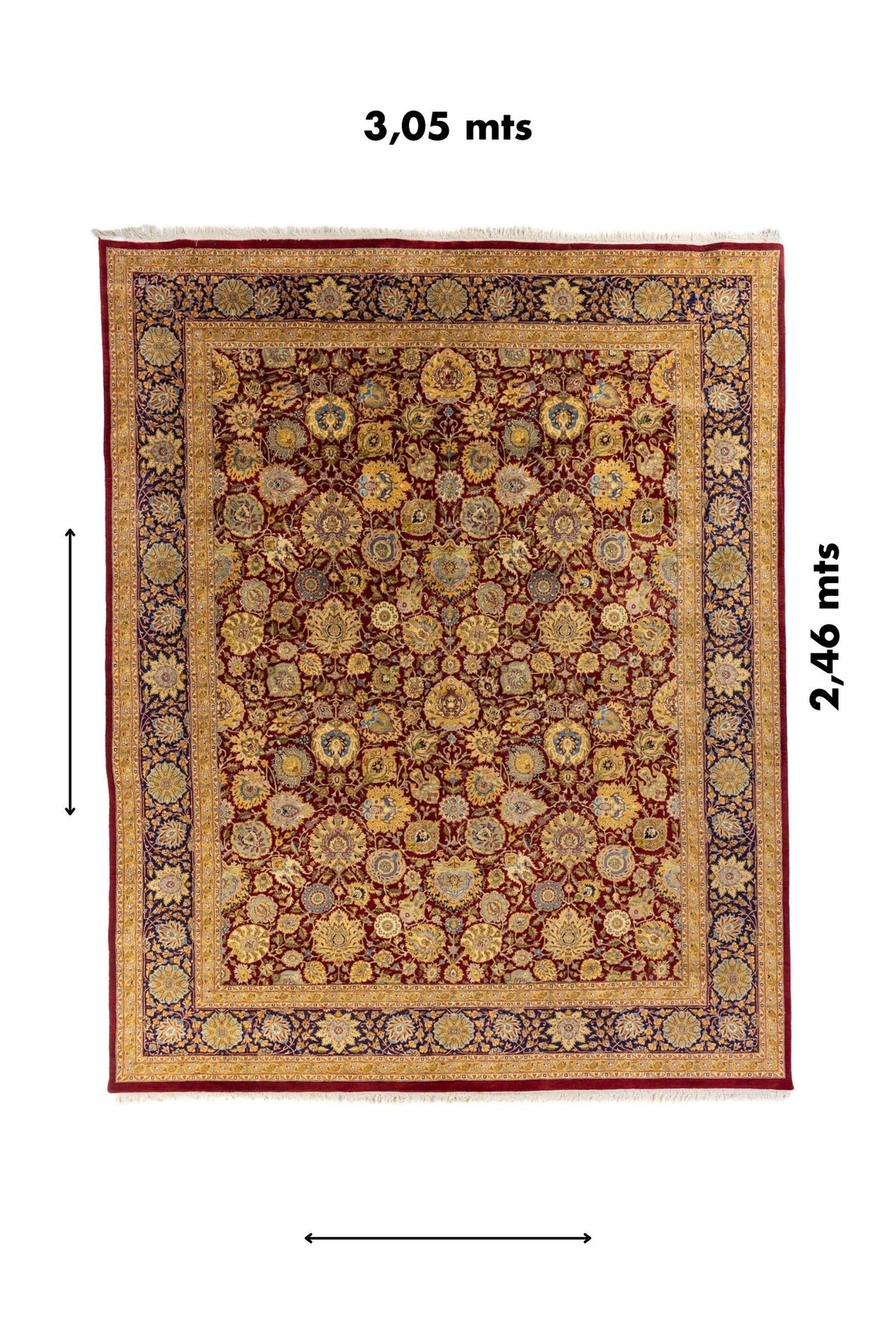 Medidas de la alfombra 3,05 x 2,46m , diseño floral en rojo con borde azul marino