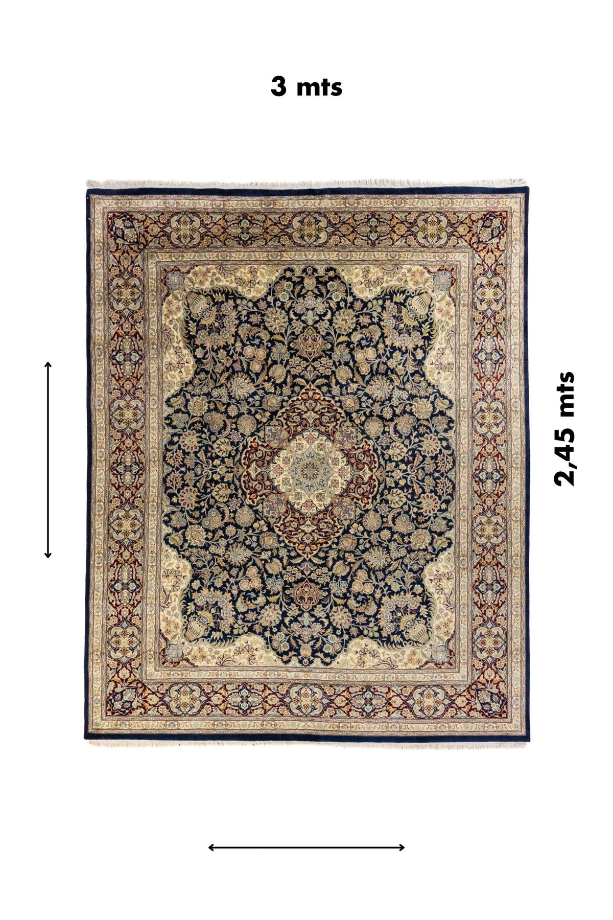 Medidas de la alfombra 3 x 2,45 m, diseño clásico con medallón central en azul marino