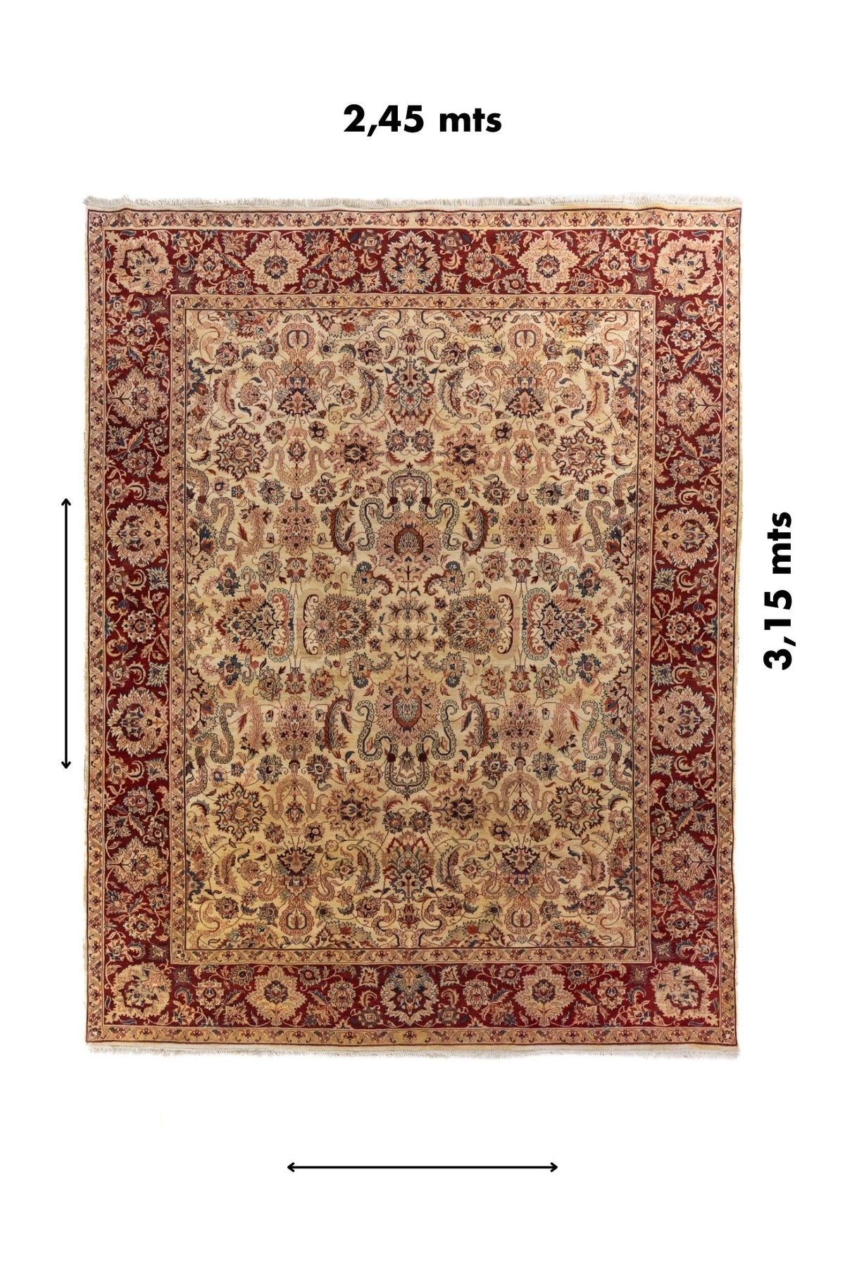 Alfombra con medidas indicadas en la imagen 2,45 x 3,15 m, patrón floral tradicional en tonos beige y rojo.