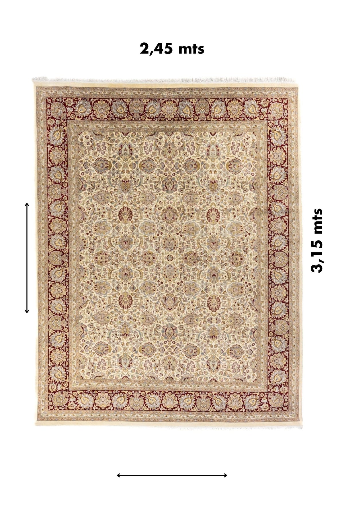 Alfombra con medidas indicadas 2,45 x 3,15 m, diseño clásico en beige con guarda roja.