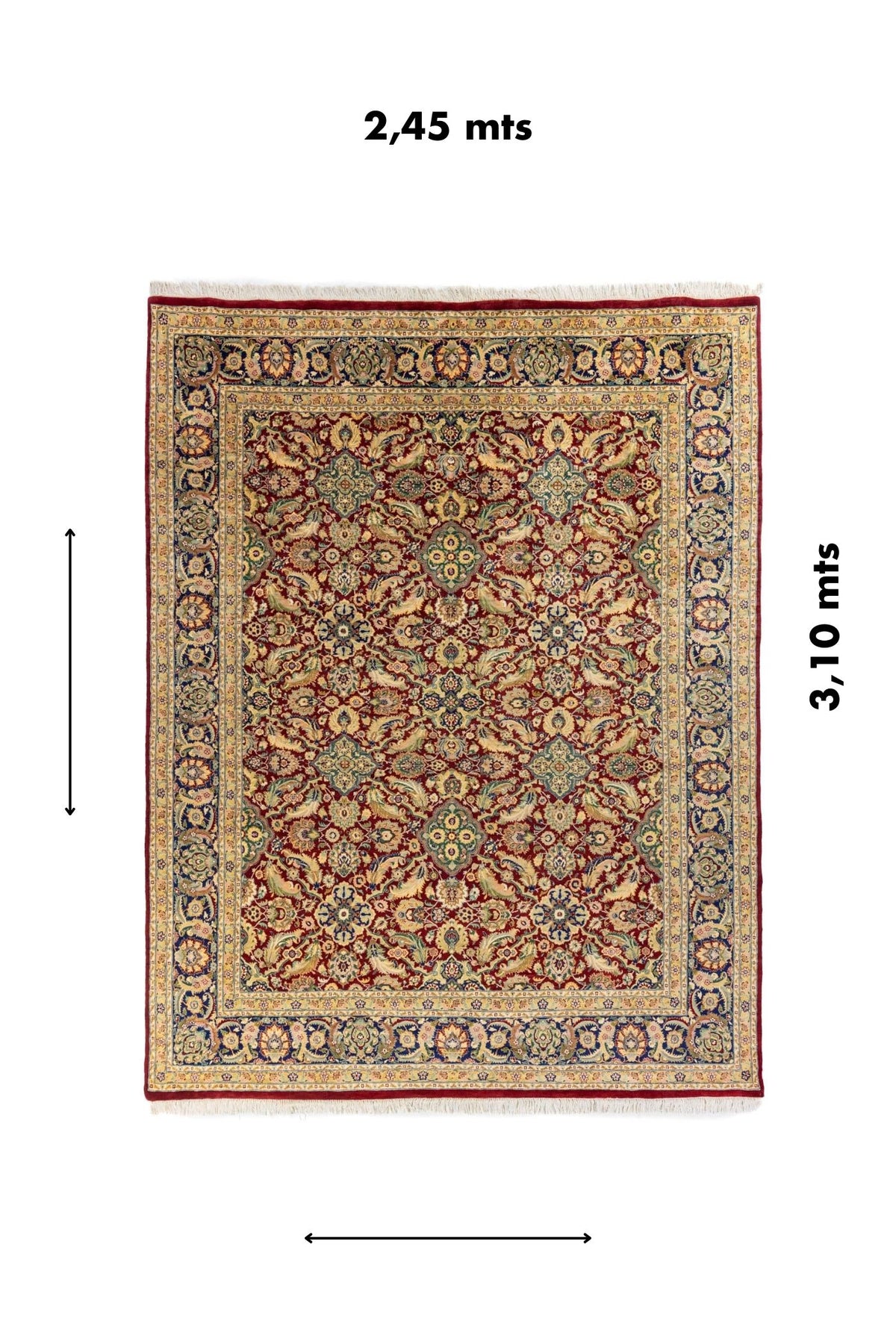 Alfombra oriental roja con diseño floral clásico y medidas indicadas de 2,45 x 3,10 metros.