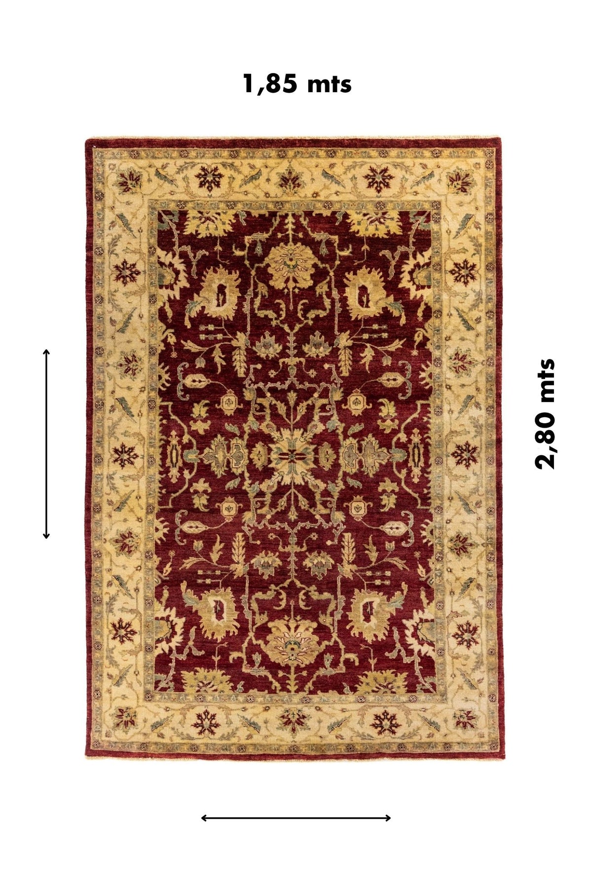 Alfombra rectangular de 1,85 x 2,80 metros con diseño oriental en tonos rojo, beige, dorado y verde suave.