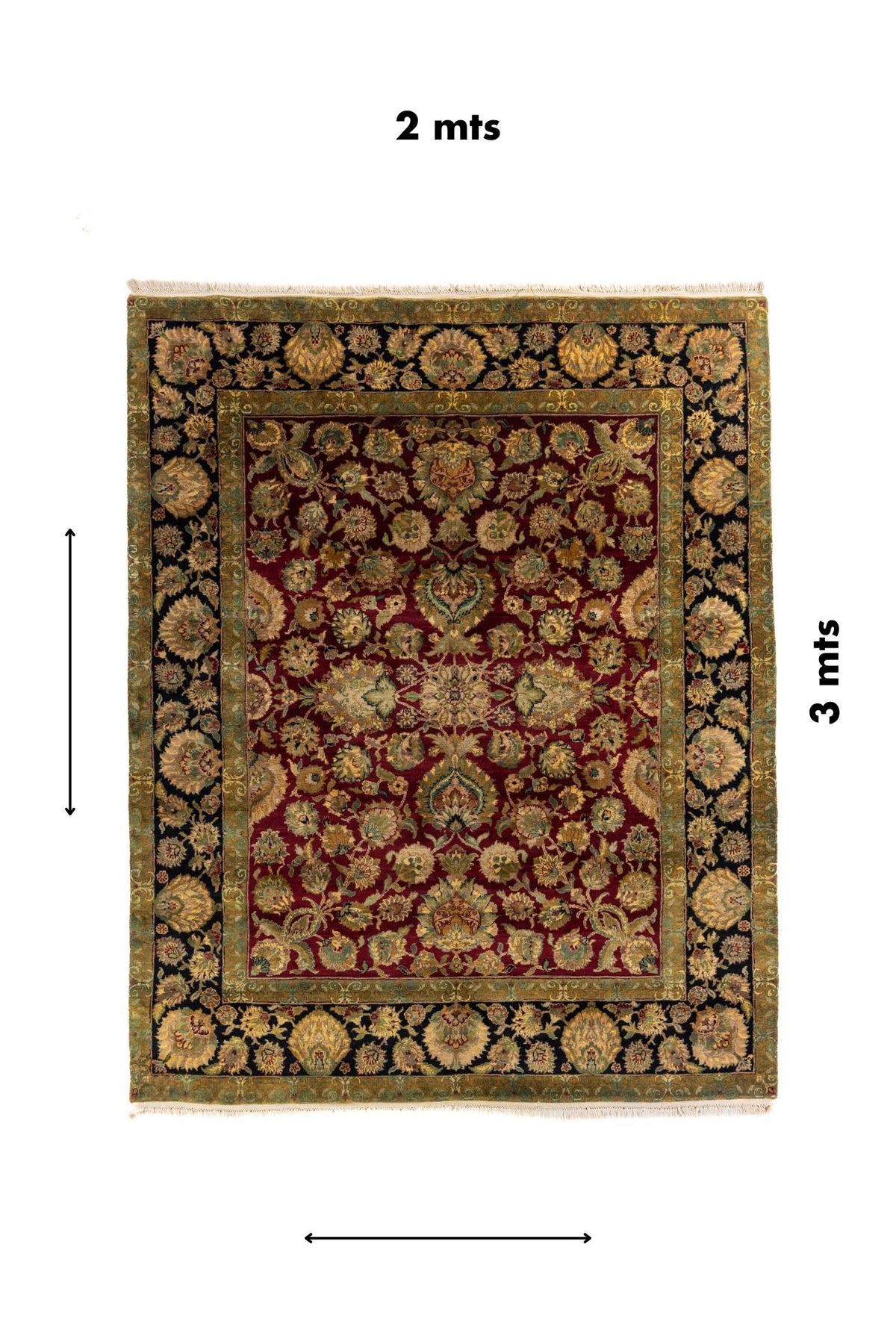 Alfombra oriental floral de 2 x 3 metros en tonos rojo, negro y verde oliva.