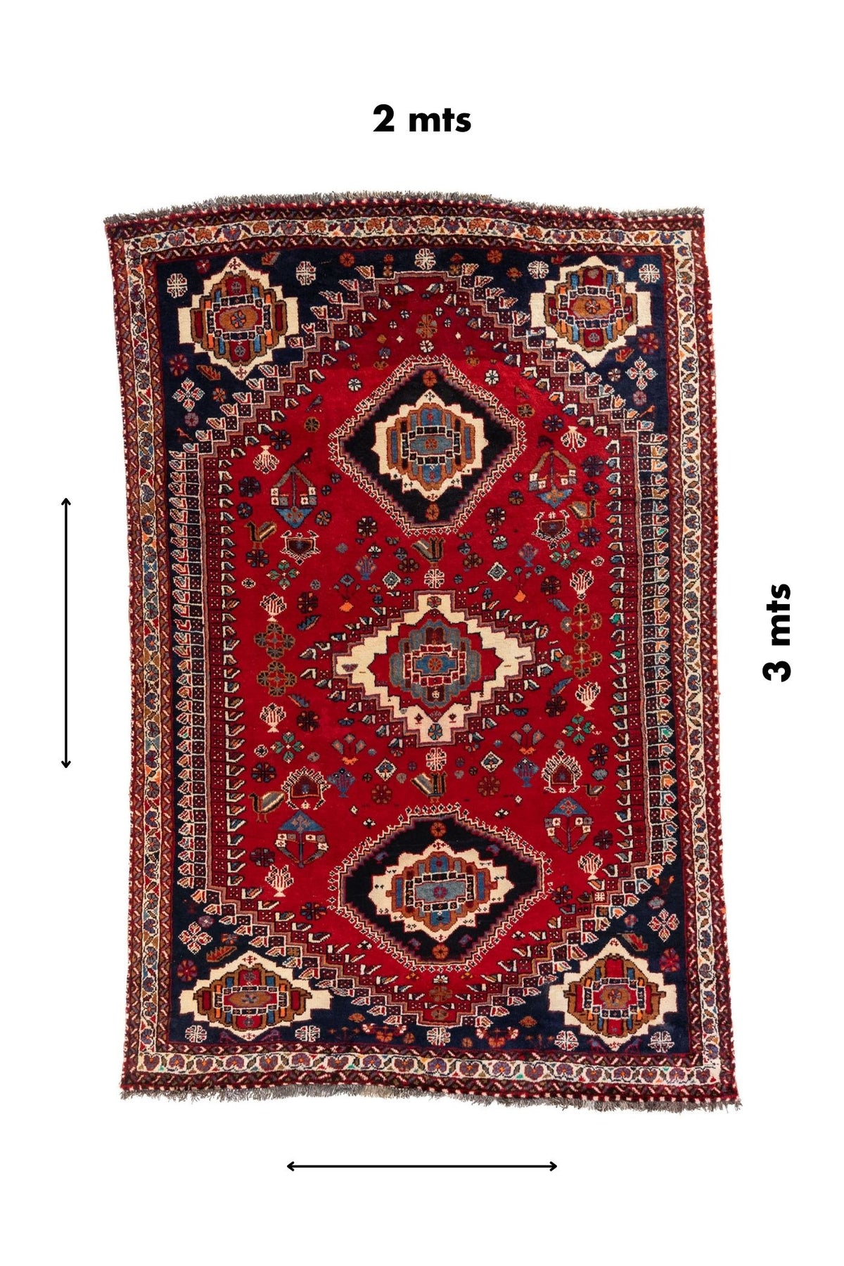 Alfombra estilo Kazak con medidas señaladas: 2 mts de ancho por 3 mts de largo, indicadas con flechas.