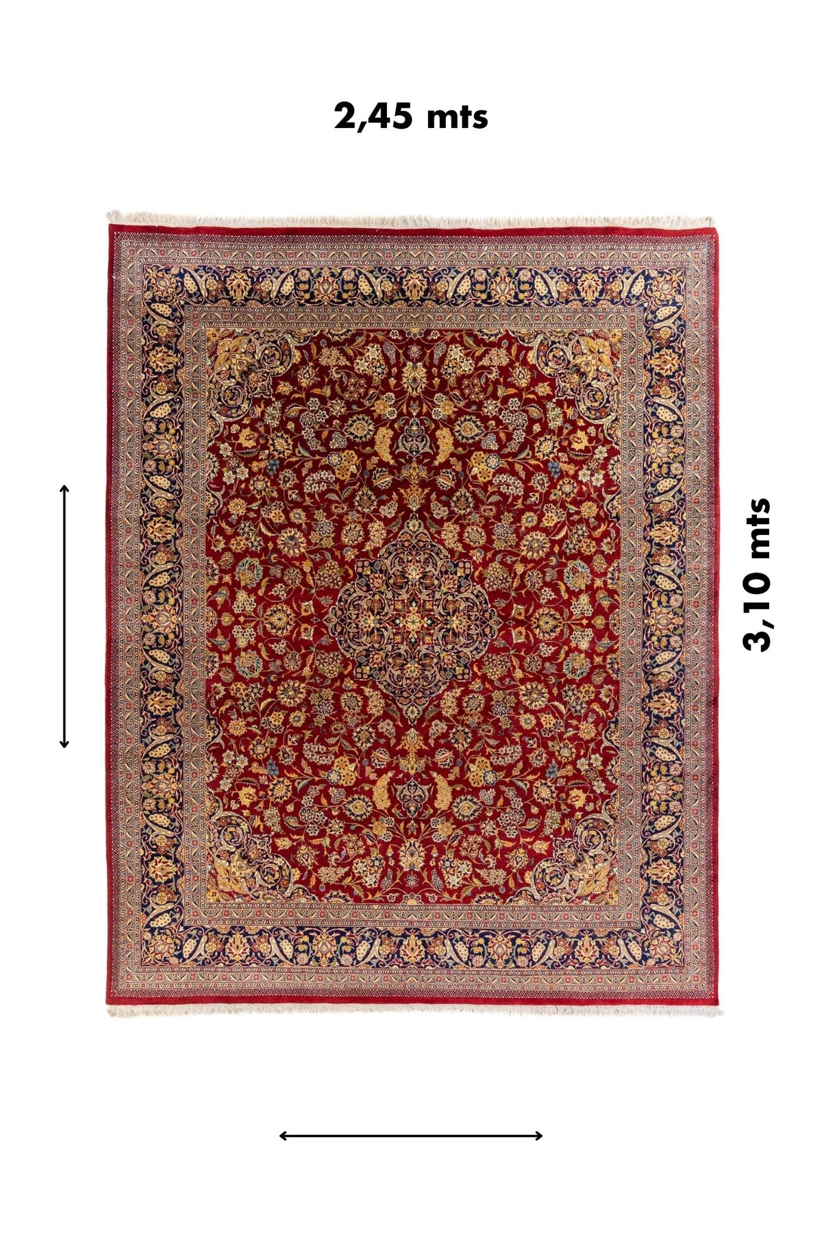 Alfombra oriental roja y azul con diseño floral clásico, medidas aproximadas de 2,45 mts x 3,10 mts.