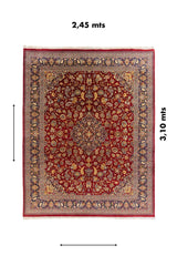 Alfombra oriental roja y azul con diseño floral clásico, medidas aproximadas de 2,45 mts x 3,10 mts.