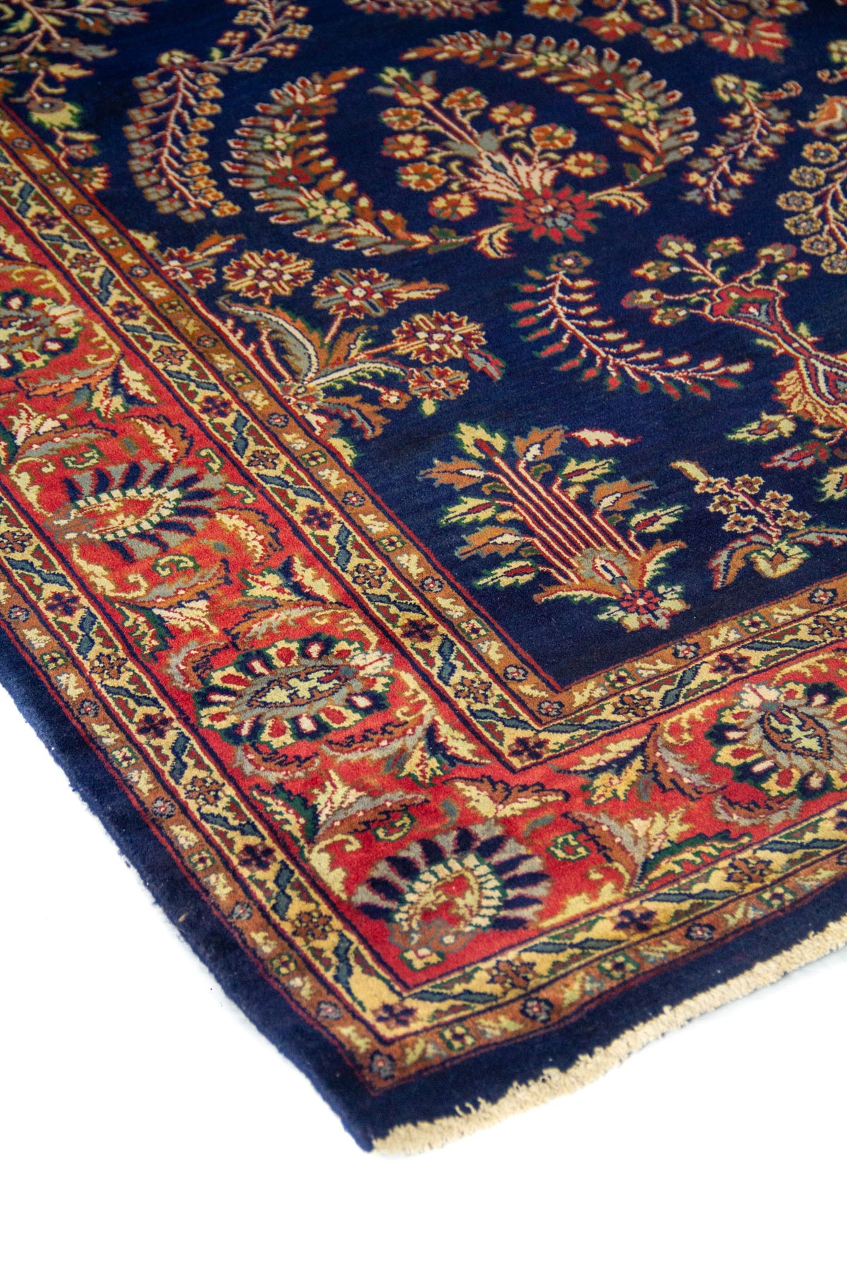 Vista en ángulo de alfombra azul oscura con guarda roja ornamental y delicados motivos botánicos.