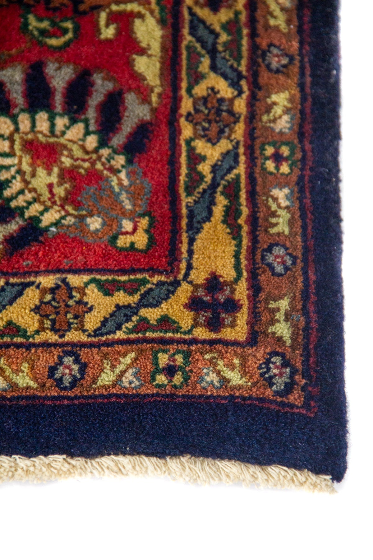 Primer plano de esquina de alfombra oriental con borde azul, detalles geométricos y flecos beige.