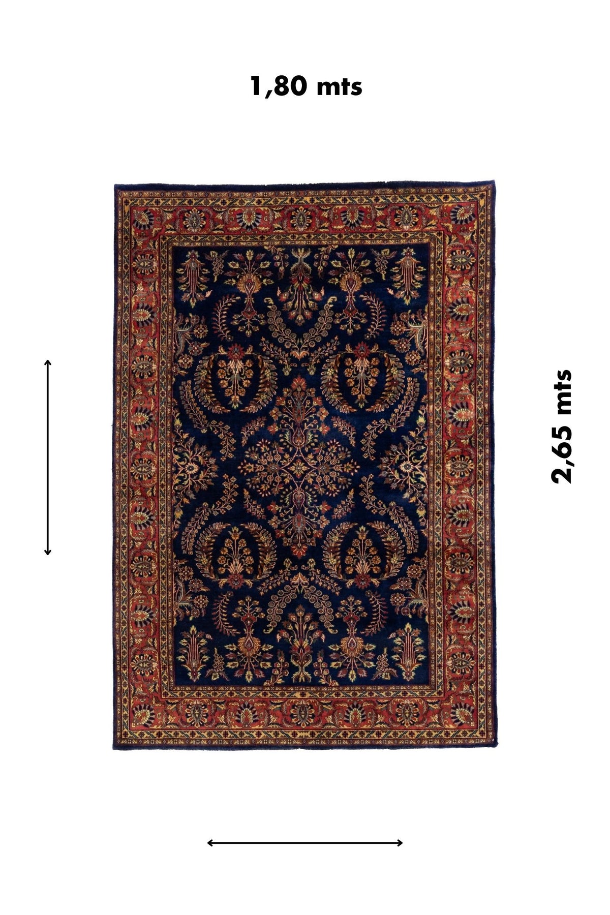 Alfombra rectangular azul de 1,80 x 2,65 metros con diseño floral clásico y marco ornamental rojo.