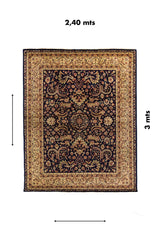 Alfombra clásica azul oscuro de 2,40 x 3 metros con diseño floral tradicional y guarda beige